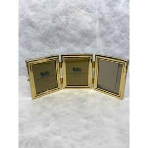Vintage Solid Brass Triple Folding Picture Frame 3.5x5 Triptych Gold Tone